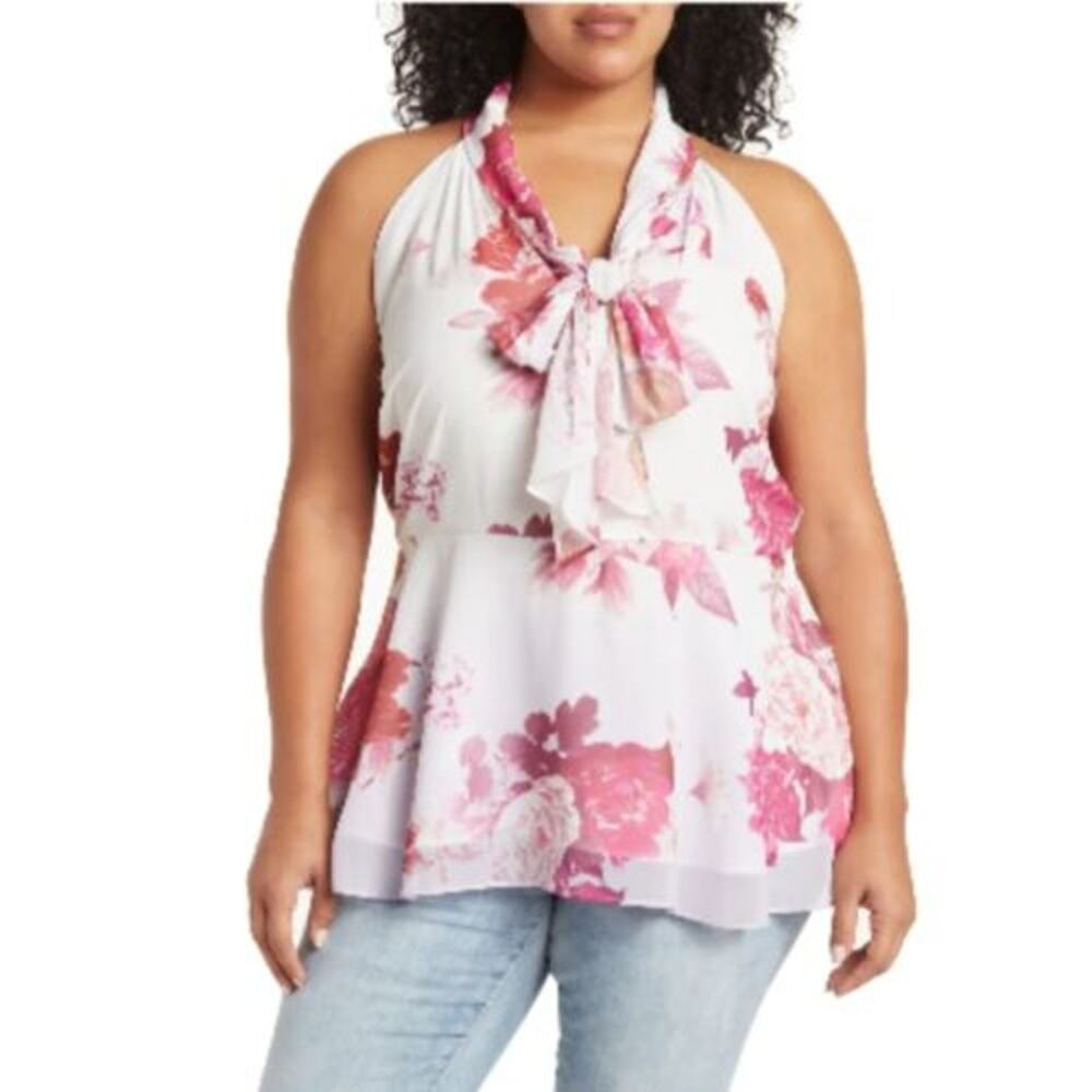City Chic Tsubaki Halter Top White Pink Floral Tie Peplum Sleeveless Sz XS /14